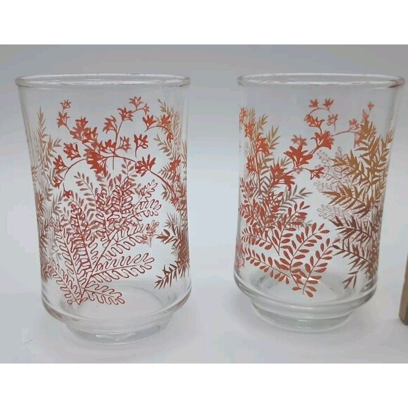 VTG Libbey Juice Glass 3.75" Embossed Orange Brown Fern Leaves Set Of 2 - Picture 4 of 4